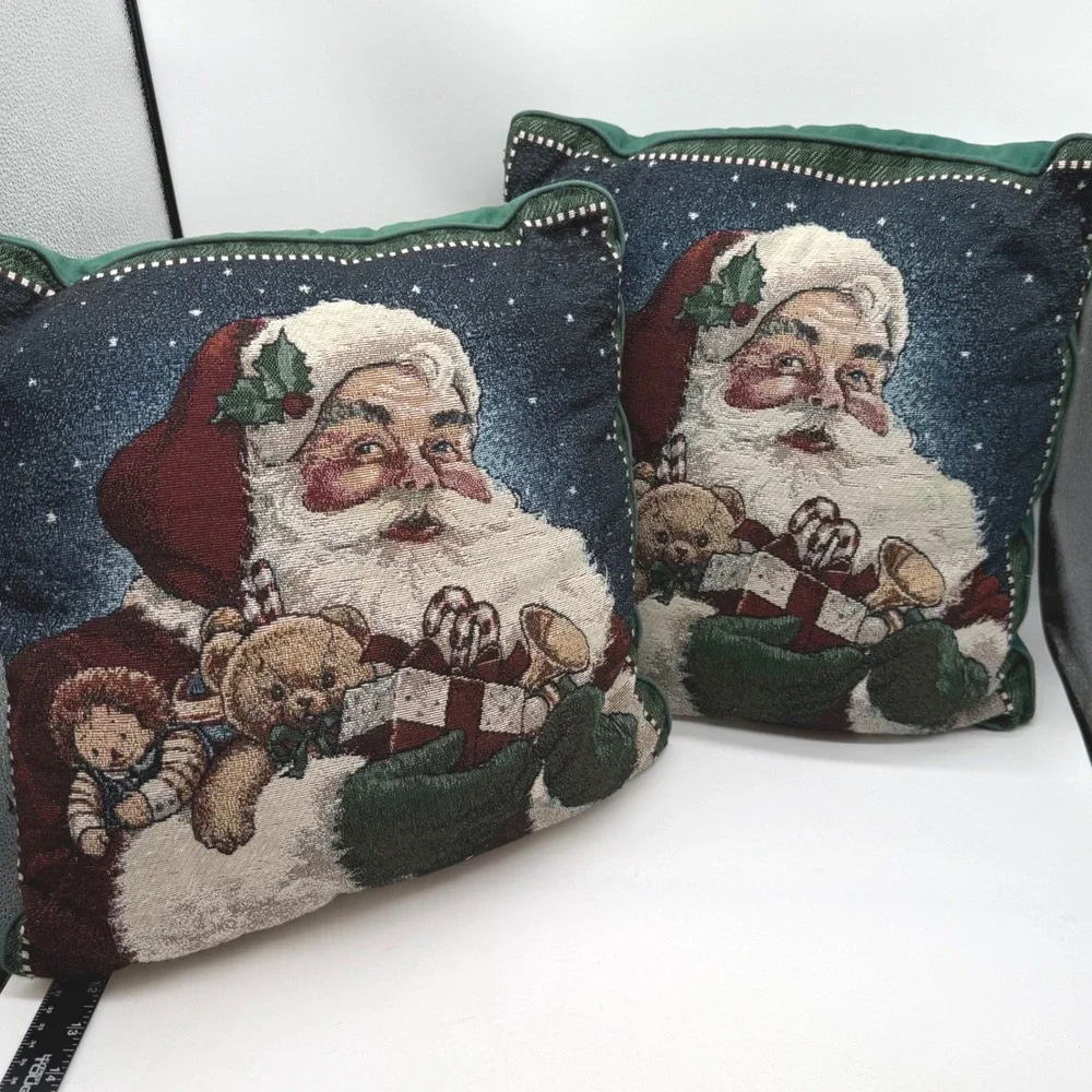Vtg Christmas Tapestry Santa Claus Woven Throw Pillows Green Set 2 grandmacore